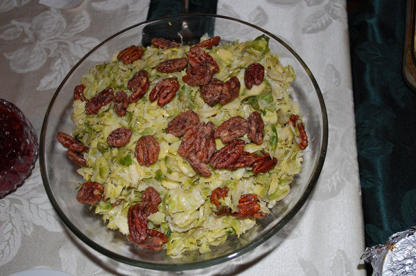 Brussels Sprouts Slaw with Maple Pecans and Mustard Dressing
